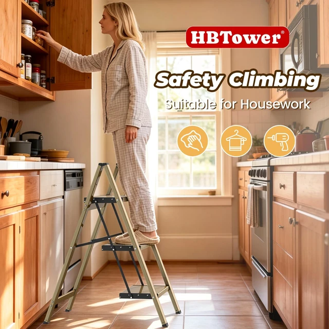 Alt view image 7 of 7 - 3 Step Ladder, Lightweight Aluminum Folding Step Stool Anti-Slip Wide Pedal, 330lbs Capacity Step Ladder for Household Kitchen Office, Gold