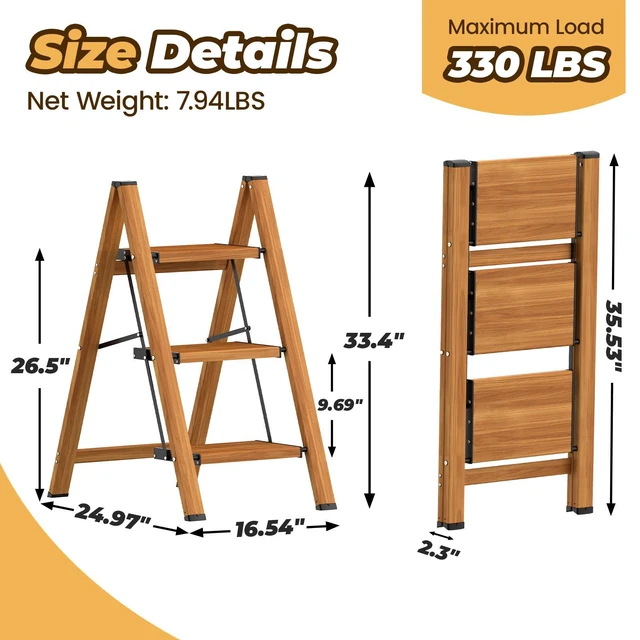 Alt view image 2 of 7 - 3 Step Ladder, Lightweight Aluminum Folding Step Stool Anti-Slip Wide Pedal, 330lbs Capacity Step Ladder for Household Kitchen Office, Woodgrain