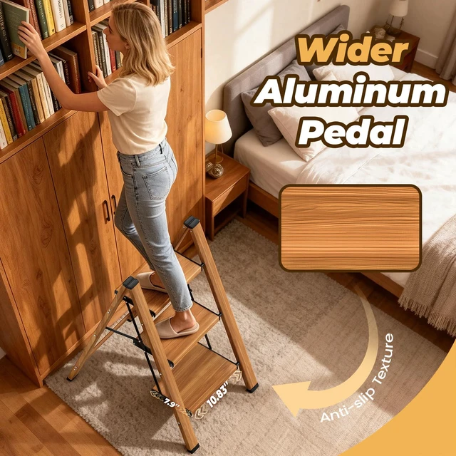 Alt view image 3 of 7 - 3 Step Ladder, Lightweight Aluminum Folding Step Stool Anti-Slip Wide Pedal, 330lbs Capacity Step Ladder for Household Kitchen Office, Woodgrain