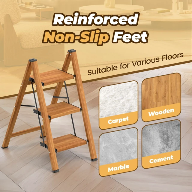 Alt view image 5 of 7 - 3 Step Ladder, Lightweight Aluminum Folding Step Stool Anti-Slip Wide Pedal, 330lbs Capacity Step Ladder for Household Kitchen Office, Woodgrain