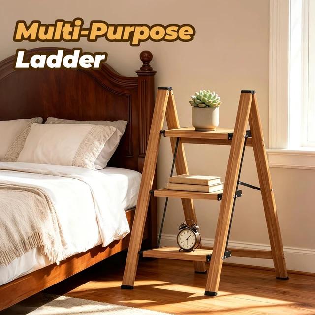 Alt view image 6 of 7 - 3 Step Ladder, Lightweight Aluminum Folding Step Stool Anti-Slip Wide Pedal, 330lbs Capacity Step Ladder for Household Kitchen Office, Woodgrain