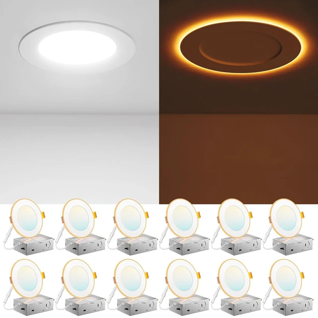Main image of 12 Pack 4 Inch LED Recessed Light with Night Light, 5CCT, 700LM Ultra-Thin Ceiling Light, 5%-100% Dimmable, No Flicker, 2700K-5000K, Canless Wafer Downlight with J-Box, 10W=90W, IC/ETL/FCC