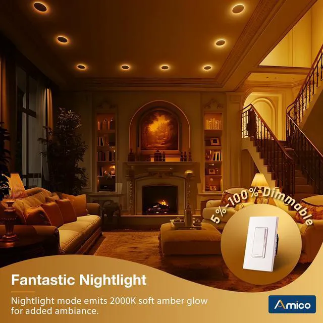 Alt view image 6 of 6 - 12 Pack 4 Inch LED Recessed Light with Night Light, 5CCT, 700LM Ultra-Thin Ceiling Light, 5%-100% Dimmable, No Flicker, 2700K-5000K, Canless Wafer Downlight with J-Box, 10W=90W, IC/ETL/FCC