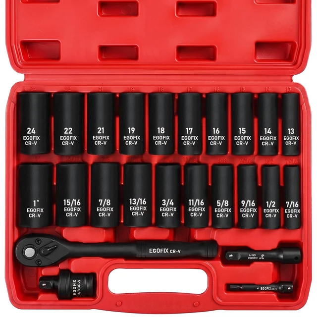 Main image of 24 Piece 3/8" Socket Ratchet Wrench Set, Deep SAE (7/16 to 1 inch) and Metric (13-19mm, 21, 22, 24mm) 6 Point, with Ratchet Handle, Extension Bar, Adapter, Impact Universal Joint, Storage Box
