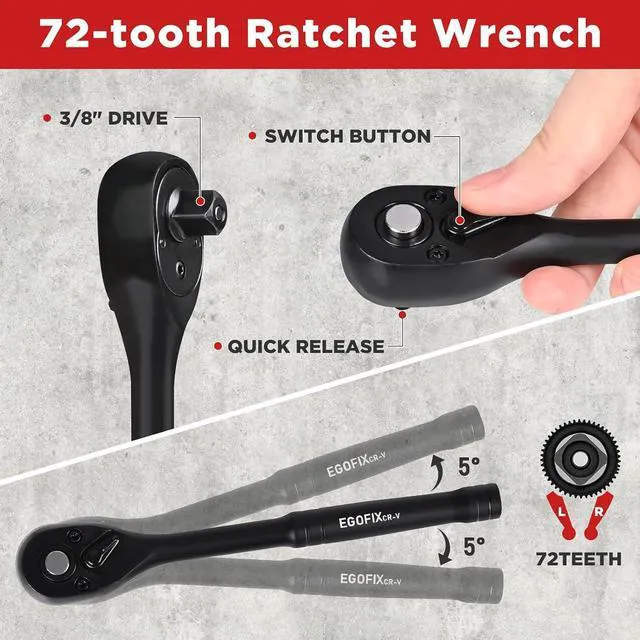 Alt view image 4 of 6 - 24 Piece 3/8" Socket Ratchet Wrench Set, Deep SAE (7/16 to 1 inch) and Metric (13-19mm, 21, 22, 24mm) 6 Point, with Ratchet Handle, Extension Bar, Adapter, Impact Universal Joint, Storage Box