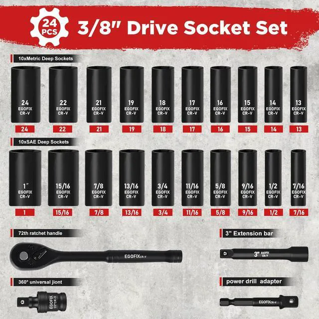 Alt view image 2 of 6 - 24 Piece 3/8" Socket Ratchet Wrench Set, Deep SAE (7/16 to 1 inch) and Metric (13-19mm, 21, 22, 24mm) 6 Point, with Ratchet Handle, Extension Bar, Adapter, Impact Universal Joint, Storage Box