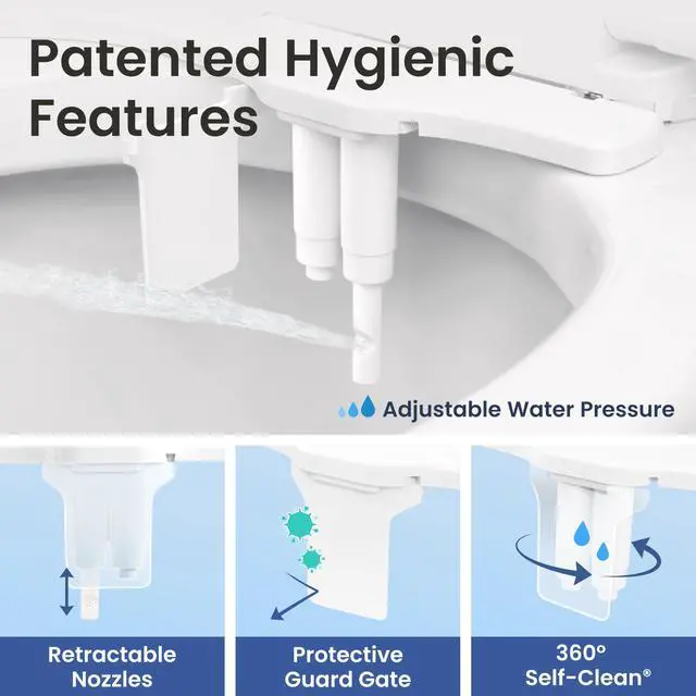 Alt view image 4 of 7 - NEO 185 PLUS - Patented Bidet Attachment for Toilet, White Non-Electric, Dual Nozzle, Slide-In Install, 360° Self-Clean, EZ-Lift to Clean, Feminine & Rear Wash