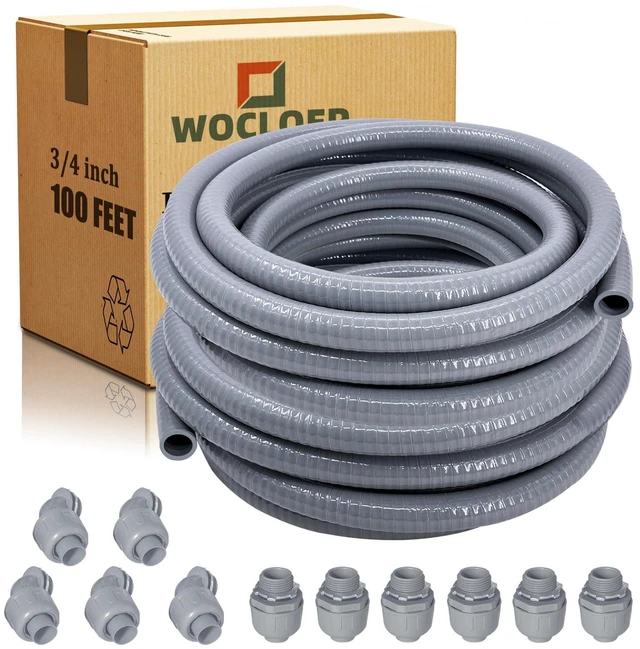 Main image of 3/4 inch 100Ft Liquid-Tight Conduit Kit, Flexible Non Metallic Electrical Conduit, with 6 Straight and 5 Angle Fittings Included. 3/4" Dia