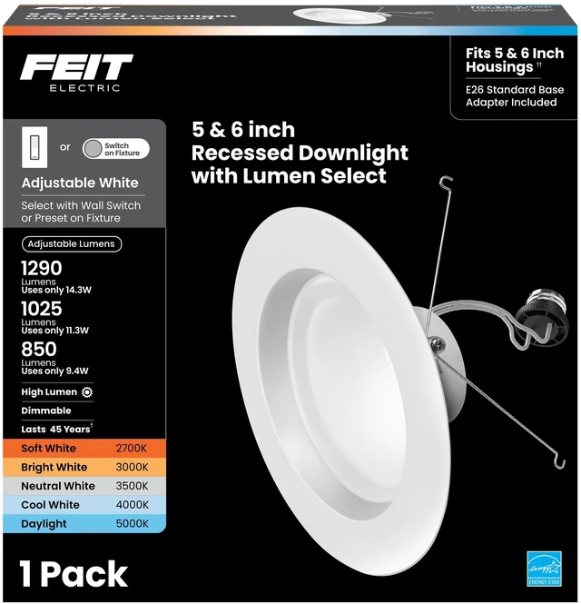 Alt view image 2 of 7 - 5/6in LED Recessed Downlight Retrofit Kit, Lumen Adjustable Dimmable, Selectable White 2700K5000K, 850/1025/1290 Brightness, 90+ CRI, E26 Adapter Included, 6 Pack