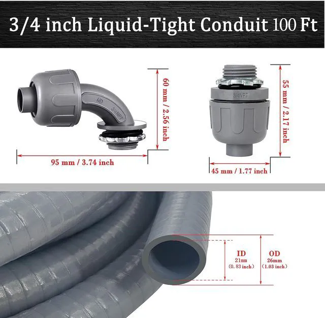 Alt view image 2 of 7 - 3/4 inch 100Ft Liquid-Tight Conduit Kit, Flexible Non Metallic Electrical Conduit, with 6 Straight and 5 Angle Fittings Included. 3/4" Dia