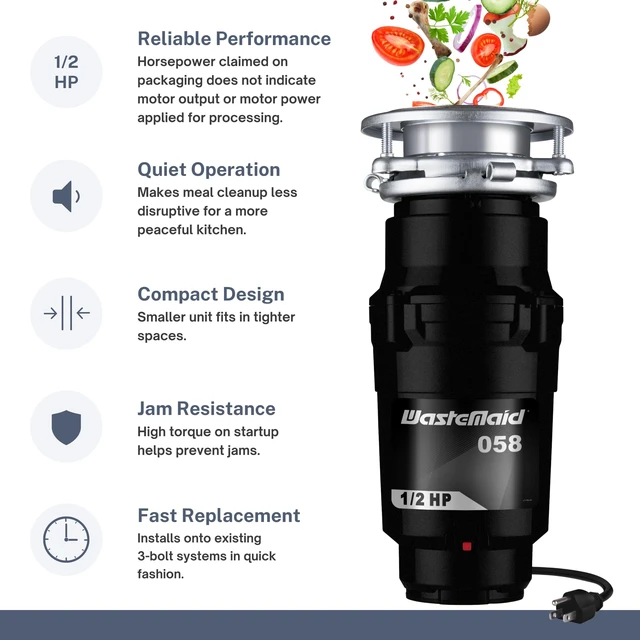 Alt view image 3 of 7 - Waste Maid Garbage Disposal, Anti-Jam, Continuous Feed, 1/2 HP Economy Anti-Jam Stainless Steel Food Waste Grinding System, Quiet Continuous Feed, Easy 3-Bolt Mount, 10-US-WM-058-3B