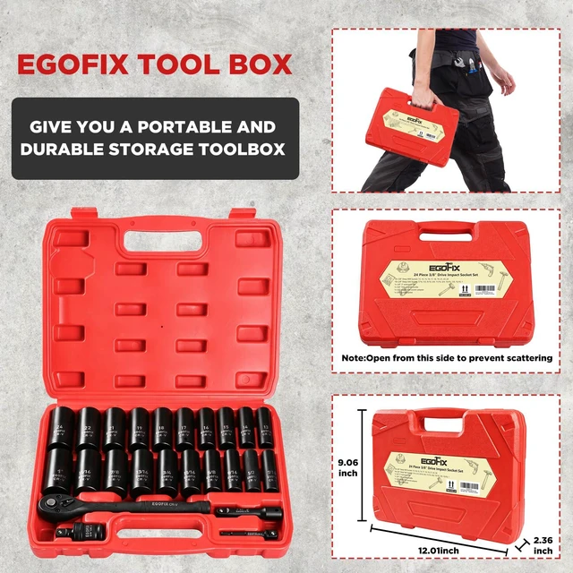 Alt view image 5 of 6 - 24 Piece 3/8" Socket Ratchet Wrench Set, Deep SAE (7/16 to 1 inch) and Metric (13-19mm, 21, 22, 24mm) 6 Point, with Ratchet Handle, Extension Bar, Adapter, Impact Universal Joint, Storage Box