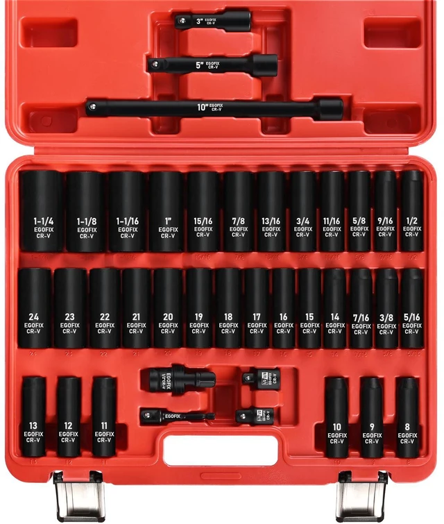 Main image of 1/2 Drive Impact Deep Socket Set, 39 Pieces Metric(8-24mm)/SAE(5/16 to 1-1/4), CR-V Steel Tool Set with 3, 5, 10 Extension Bar, Adapters