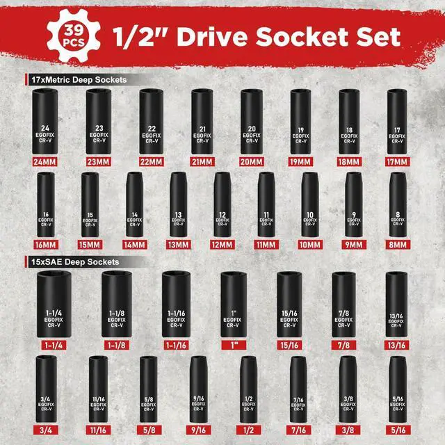 Alt view image 2 of 7 - 1/2 Drive Impact Deep Socket Set, 39 Pieces Metric(8-24mm)/SAE(5/16 to 1-1/4), CR-V Steel Tool Set with 3, 5, 10 Extension Bar, Adapters