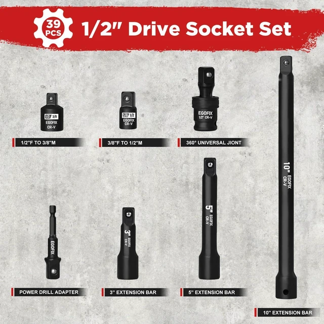 Alt view image 3 of 7 - 1/2 Drive Impact Deep Socket Set, 39 Pieces Metric(8-24mm)/SAE(5/16 to 1-1/4), CR-V Steel Tool Set with 3, 5, 10 Extension Bar, Adapters