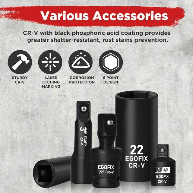 Alt view image 4 of 7 - 1/2" Drive Impact Socket Set 49 Piece, Standard and Deep Metric Socket (9-25mm, 27, 30, 32mm), Includes Extension Bars, Universal Joint and Adapter, 6 Point Design,Cr-V steel