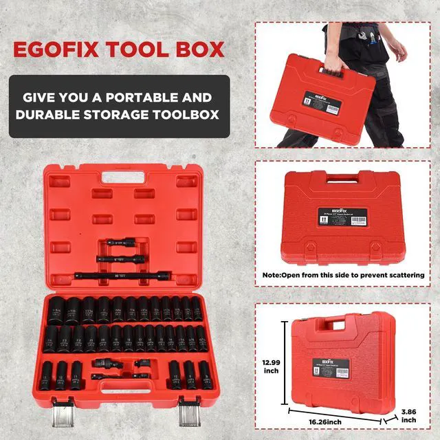Alt view image 5 of 7 - 1/2 Drive Impact Deep Socket Set, 39 Pieces Metric(8-24mm)/SAE(5/16 to 1-1/4), CR-V Steel Tool Set with 3, 5, 10 Extension Bar, Adapters