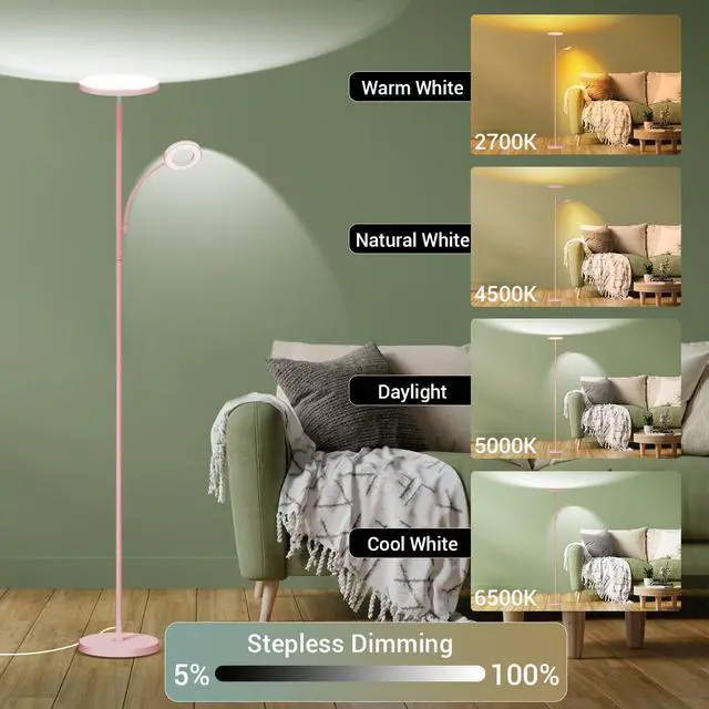 Alt view image 2 of 7 - Pink Floor Lamp, 42W 4000LM Super Bright LED Room Lamp with Adjustable Reading Light,Dimmable Modern Standing Lamp with Remote & Touch Control for Room Bedroom Office Floor Light