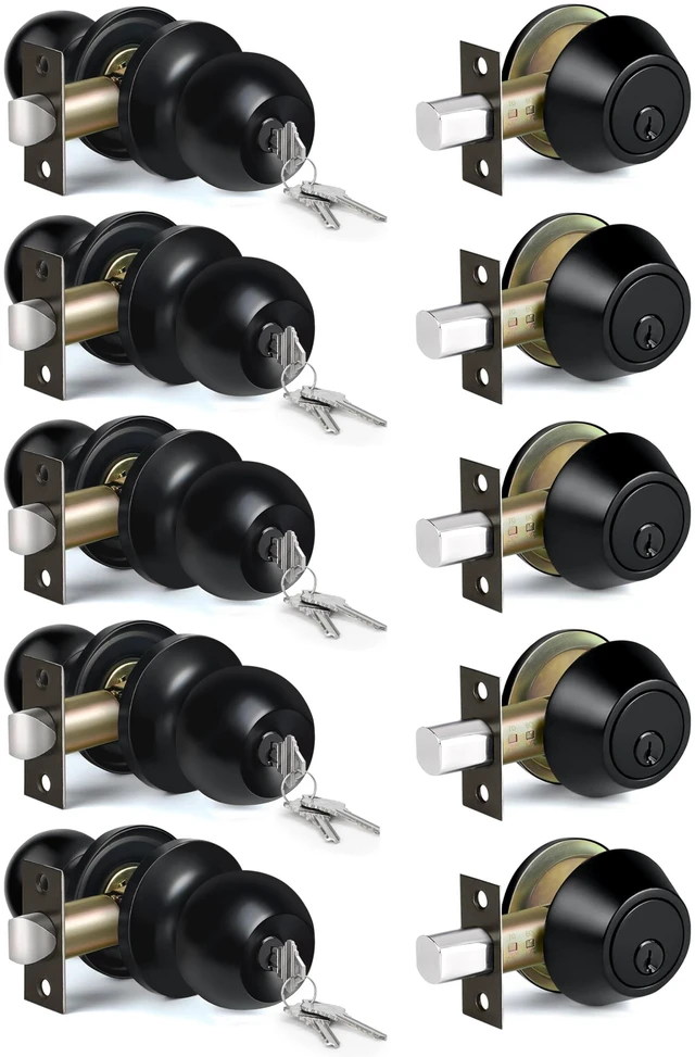 Main image of 5 Pack Exterior Door Knob with Key Lock and Deadbolt, Keyed Alike Matte Black, Door Knob and Single Cylinder Deadbolt Combination Set
