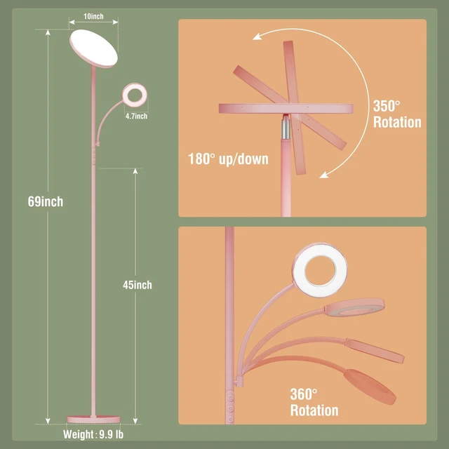 Alt view image 3 of 7 - Pink Floor Lamp, 42W 4000LM Super Bright LED Room Lamp with Adjustable Reading Light,Dimmable Modern Standing Lamp with Remote & Touch Control for Room Bedroom Office Floor Light