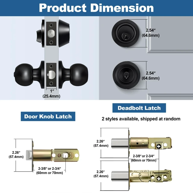 Alt view image 2 of 7 - 5 Pack Exterior Door Knob with Key Lock and Deadbolt, Keyed Alike Matte Black, Door Knob and Single Cylinder Deadbolt Combination Set