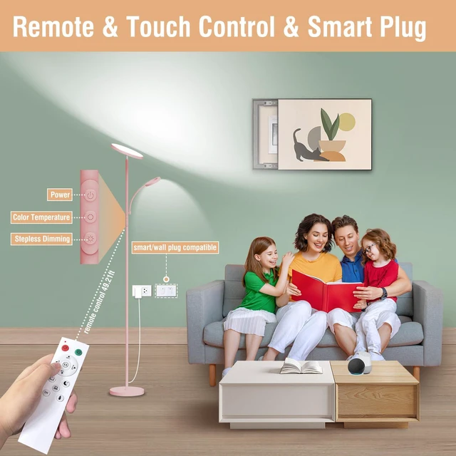 Alt view image 4 of 7 - Pink Floor Lamp, 42W 4000LM Super Bright LED Room Lamp with Adjustable Reading Light,Dimmable Modern Standing Lamp with Remote & Touch Control for Room Bedroom Office Floor Light