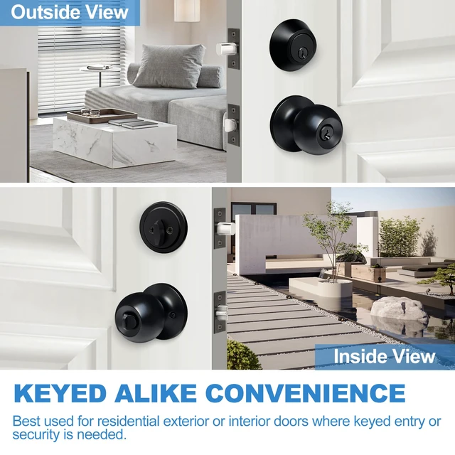 Alt view image 7 of 7 - 5 Pack Exterior Door Knob with Key Lock and Deadbolt, Keyed Alike Matte Black, Door Knob and Single Cylinder Deadbolt Combination Set