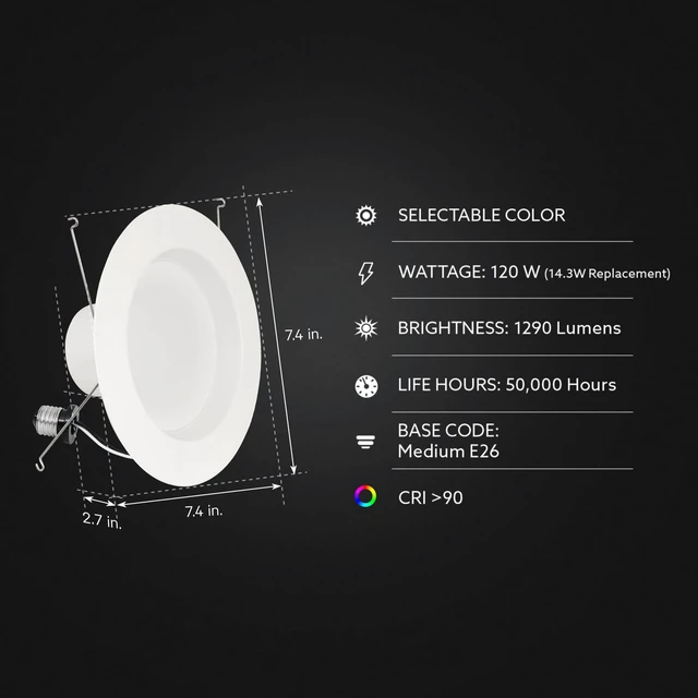 Alt view image 3 of 7 - 5/6in LED Recessed Downlight Retrofit Kit, Lumen Adjustable Dimmable, Selectable White 2700K5000K, 850/1025/1290 Brightness, 90+ CRI, E26 Adapter Included, 6 Pack