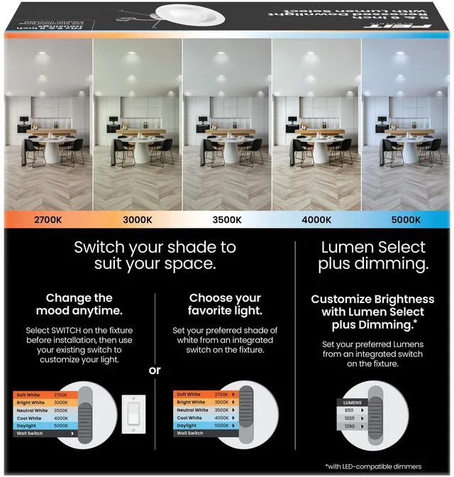 Alt view image 5 of 7 - 5/6in LED Recessed Downlight Retrofit Kit, Lumen Adjustable Dimmable, Selectable White 2700K5000K, 850/1025/1290 Brightness, 90+ CRI, E26 Adapter Included, 6 Pack