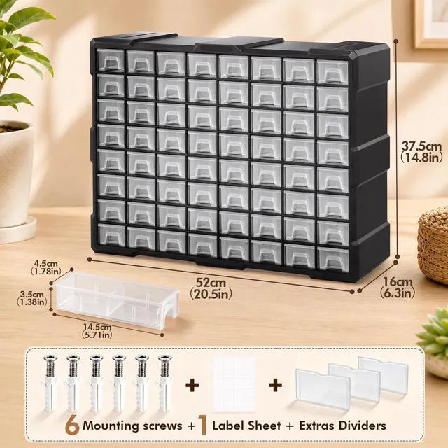 Alt view image 2 of 7 - 64-Drawer Organizer Craft Organizers and Storage with Dividers Labels Small Parts Organizer Thicker Toolbox, Building Bricks Hardware Screws Nuts Bolts, Teacher Toolbox Charms Beads Scrapbook