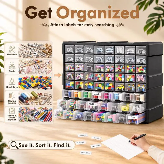 Alt view image 3 of 7 - 64-Drawer Organizer Craft Organizers and Storage with Dividers Labels Small Parts Organizer Thicker Toolbox, Building Bricks Hardware Screws Nuts Bolts, Teacher Toolbox Charms Beads Scrapbook