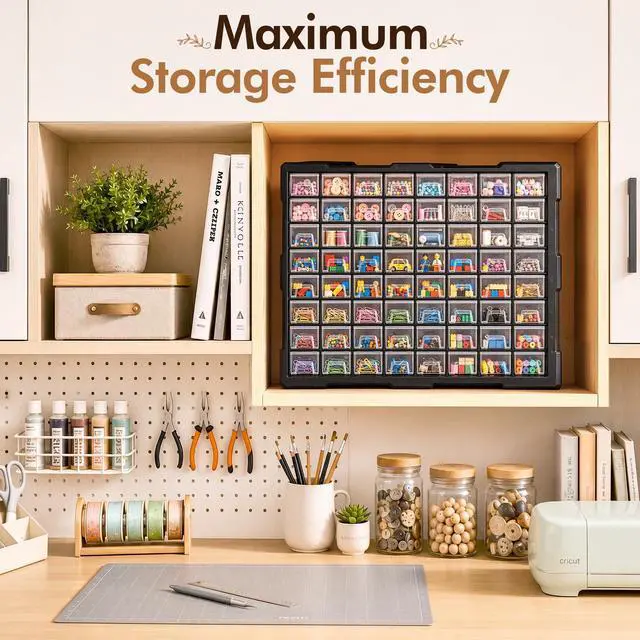 Alt view image 5 of 7 - 64-Drawer Organizer Craft Organizers and Storage with Dividers Labels Small Parts Organizer Thicker Toolbox, Building Bricks Hardware Screws Nuts Bolts, Teacher Toolbox Charms Beads Scrapbook