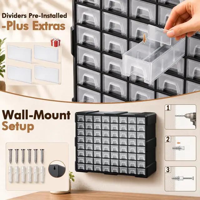 Alt view image 6 of 7 - 64-Drawer Organizer Craft Organizers and Storage with Dividers Labels Small Parts Organizer Thicker Toolbox, Building Bricks Hardware Screws Nuts Bolts, Teacher Toolbox Charms Beads Scrapbook