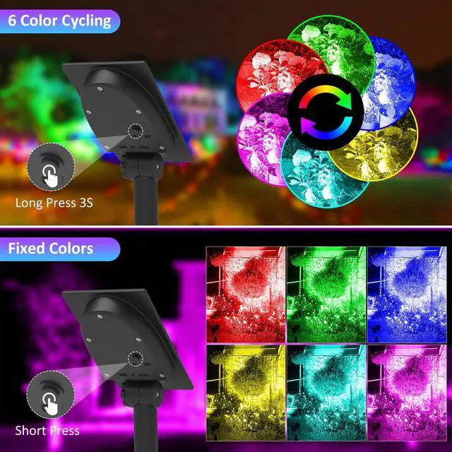 Alt view image 2 of 6 - Color Changing Solar Landscape Spotlights 4 Pack, IP65 Waterproof RGB Spot Lights 9.8ft Cable, Separated Panel Garden Light for Flag Outdoor Yard Driveway Porch Walkway Pool Patio