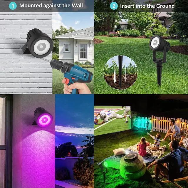 Alt view image 4 of 6 - Color Changing Solar Landscape Spotlights 4 Pack, IP65 Waterproof RGB Spot Lights 9.8ft Cable, Separated Panel Garden Light for Flag Outdoor Yard Driveway Porch Walkway Pool Patio