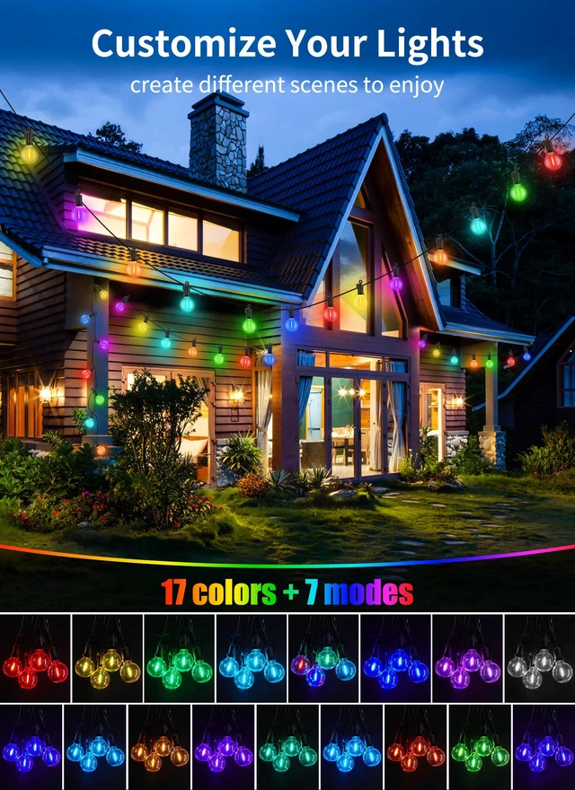 Alt view image 4 of 7 - Outdoor String Lights 58 Feet G40 LED Patio Lights, RGB, Remote 25 Plastic Edison Bulbs, Timer, Waterproof Connectable Outside Light for Backyard Porch Balcony Party Christmas Decoration