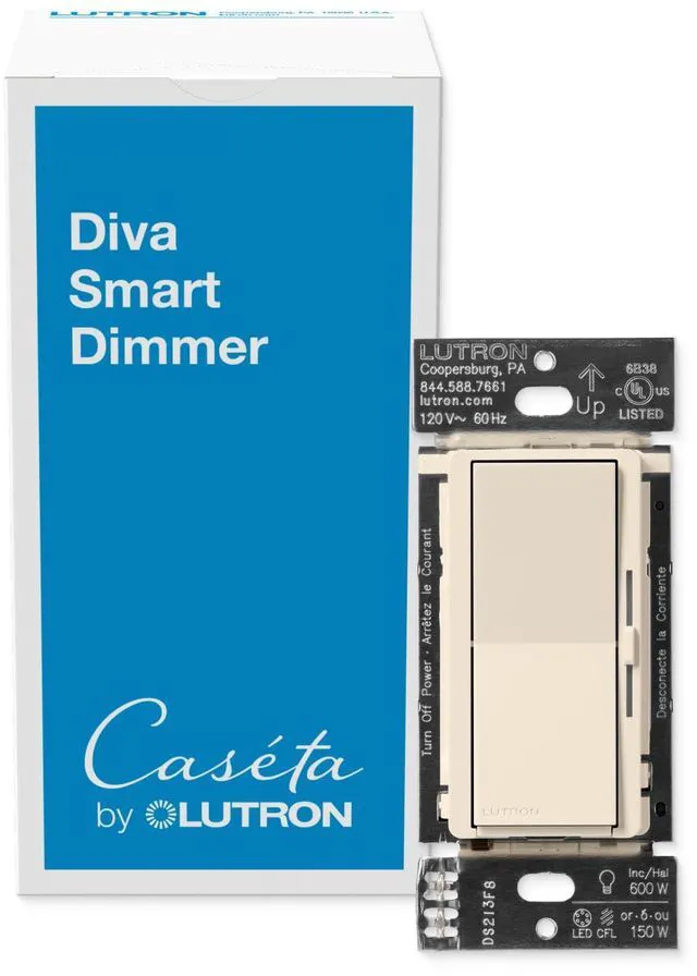 Main image of Caseta Diva Smart Dimmer Switch (Smart Hub Required), No Neutral Req For Caseta systems, no neutral required, soft glow light bar, single-pole/3-way, DVRF-6L-LA, Light Almond