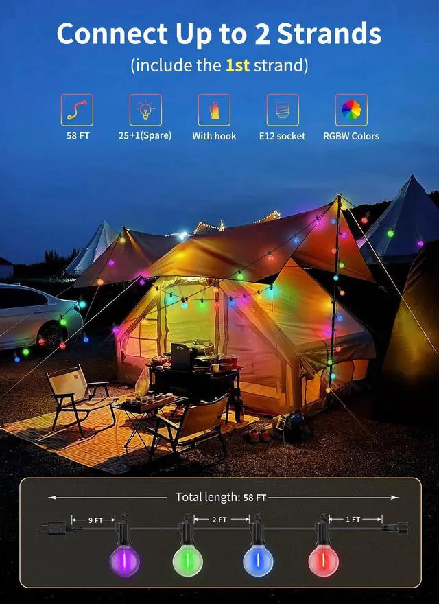 Alt view image 5 of 7 - Outdoor String Lights 58 Feet G40 LED Patio Lights, RGB, Remote 25 Plastic Edison Bulbs, Timer, Waterproof Connectable Outside Light for Backyard Porch Balcony Party Christmas Decoration