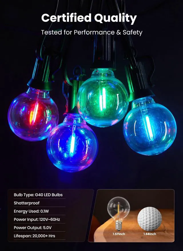 Alt view image 6 of 7 - Outdoor String Lights 58 Feet G40 LED Patio Lights, RGB, Remote 25 Plastic Edison Bulbs, Timer, Waterproof Connectable Outside Light for Backyard Porch Balcony Party Christmas Decoration