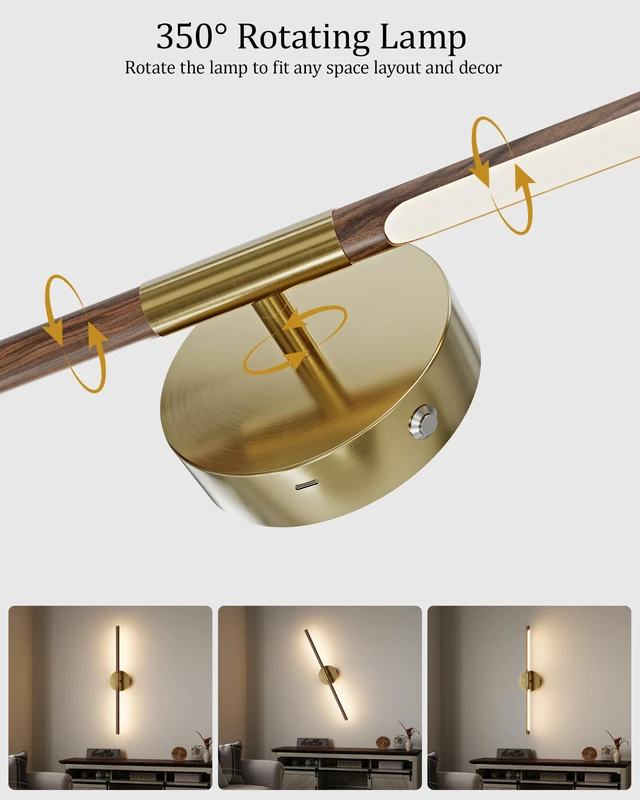 Alt view image 2 of 7 - 24" Battery Operated Wall Sconce Set of 2, 350° Rotating Lamp, Walnut Gold Wireless, 8000mAh Rechargeable Battery, Stepless Dimming, 3000K-6000K, Remote & Touch Control, Timer, Living Room, Bedroom