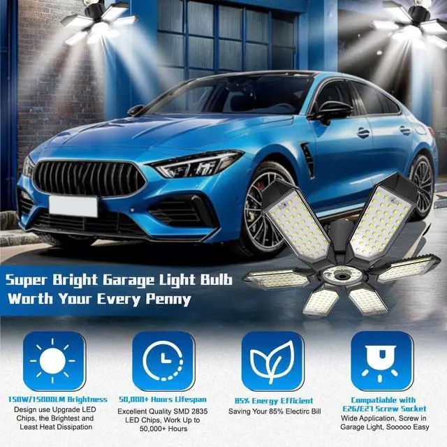 Alt view image 2 of 7 - Garage Light Bulbs - Garage Lights Led Screw into Bulb Socket with 6 Deformable Panels 6500K Basement Light Fixture E26 Base Led Shop Lights for Basement Workshop Warehouse Attic - 4Pack