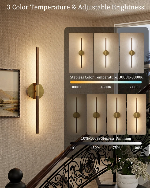 Alt view image 3 of 7 - 24" Battery Operated Wall Sconce Set of 2, 350° Rotating Lamp, Walnut Gold Wireless, 8000mAh Rechargeable Battery, Stepless Dimming, 3000K-6000K, Remote & Touch Control, Timer, Living Room, Bedroom