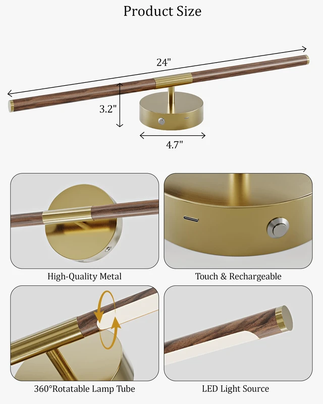 Alt view image 5 of 7 - 24" Battery Operated Wall Sconce Set of 2, 350° Rotating Lamp, Walnut Gold Wireless, 8000mAh Rechargeable Battery, Stepless Dimming, 3000K-6000K, Remote & Touch Control, Timer, Living Room, Bedroom