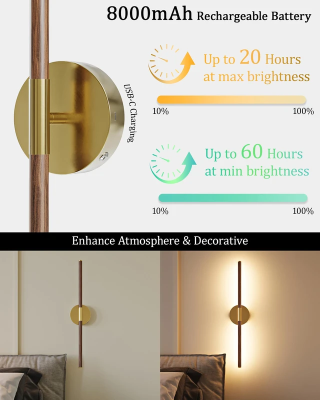 Alt view image 4 of 7 - 24" Battery Operated Wall Sconce Set of 2, 350° Rotating Lamp, Walnut Gold Wireless, 8000mAh Rechargeable Battery, Stepless Dimming, 3000K-6000K, Remote & Touch Control, Timer, Living Room, Bedroom