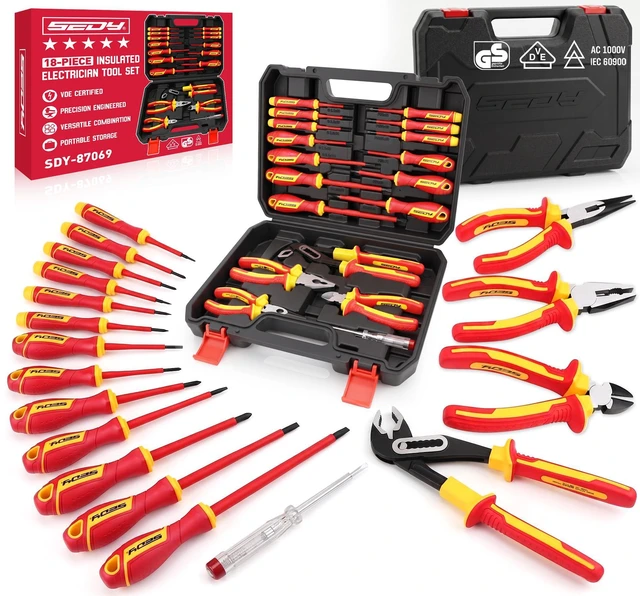Main image of 18-Piece Insulated Electrician Tool Set, VDE 1000V Insulated Screwdrivers, Voltage Tester, Long Nose, Diagonal Cutting and Water Pump Pliers for Electrical Work, Home Repair and Maintenance