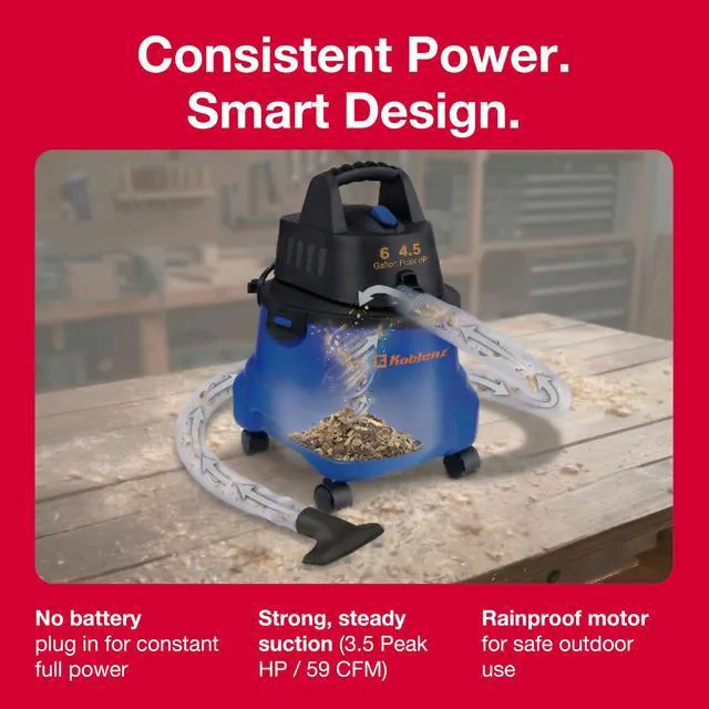 Alt view image 7 of 7 - WD-6 L212 Wet Dry Vacuum Cleaner, 6 Gallon 3-in-1 Suction & Blower, 16 ft Reach, Big Cleaner for Car, Shop Vacuum Wet and Dry, Swivel Casters, Black/Blue