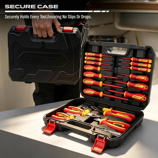 Alt view image 7 of 7 - 18-Piece Insulated Electrician Tool Set, VDE 1000V Insulated Screwdrivers, Voltage Tester, Long Nose, Diagonal Cutting and Water Pump Pliers for Electrical Work, Home Repair and Maintenance