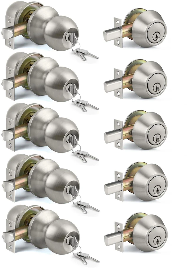 Main image of 5PK Keyed Alike Exterior Door Knob Lock with Deadbolt, Satin Nickel Satin Nickel, Door Knob and Single Cylinder Deadbolt Combination Set