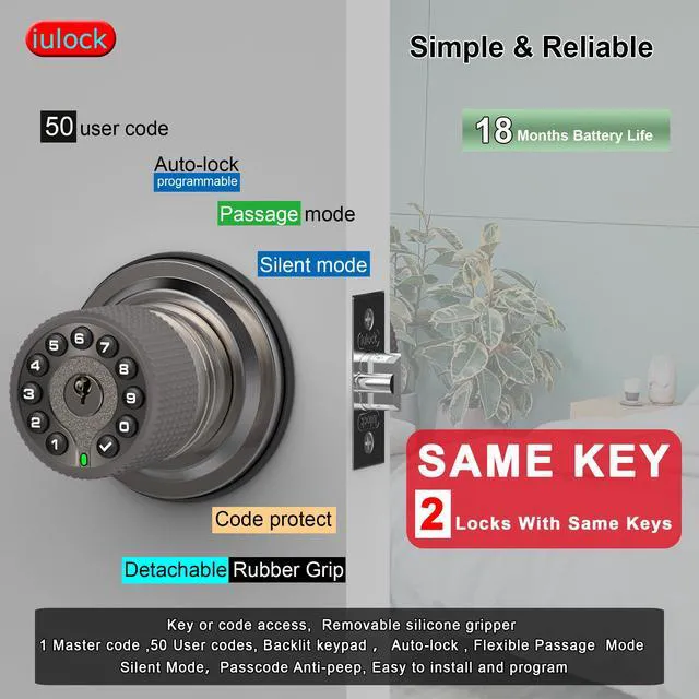 Alt view image 2 of 6 - Smart Door Knob with Keypad and Key,Keyless Entry Door Lock with Rubber Grip, Auto Lock,50 User Code,Waterproof, Easy to Install and Program for Bedroom(Stain Nickel Same Key 2 Pack)