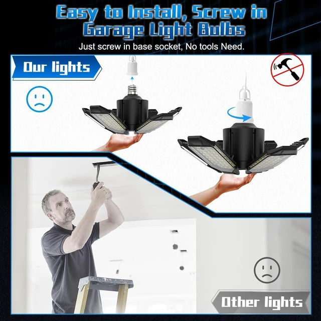 Alt view image 5 of 7 - Garage Light Bulbs - Garage Lights Led Screw into Bulb Socket with 6 Deformable Panels 6500K Basement Light Fixture E26 Base Led Shop Lights for Basement Workshop Warehouse Attic - 4Pack